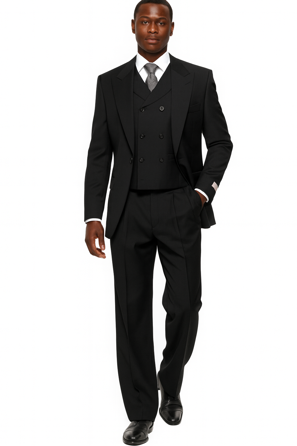 Mens Tiglio Rosso Suit - Wide Leg Baggy Pants - 100% Wool Black Three-Piece Suit with Double-Breasted Vest and Peak Lapel - 58 Long or 58 Regular Jacket+52/54 Adjustable Pants (Fabric: poly/rayon blend)