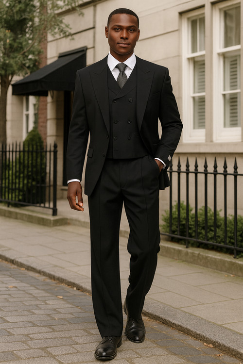 Mens Tiglio Rosso Suit - Wide Leg Baggy Pants - 100% Wool Black Three-Piece Suit with Double-Breasted Vest and Peak Lapel
