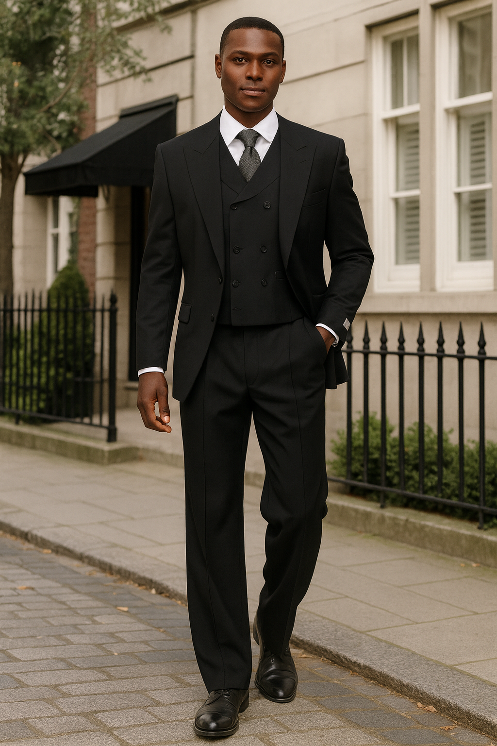 Mens Tiglio Rosso Suit - Wide Leg Baggy Pants - 100% Wool Black Three-Piece Suit with Double-Breasted Vest and Peak Lapel - 58 Long or 58 Regular Jacket+52/54 Adjustable Pants (Fabric: poly/rayon blend)