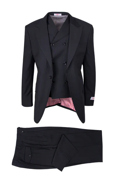 Mens Tiglio Rosso Suit - Wide Leg Baggy Pants - 100% Wool Black Three-Piece Suit with Double-Breasted Vest and Peak Lapel - 58 Long or 58 Regular Jacket+52/54 Adjustable Pants (Fabric: poly/rayon blend)