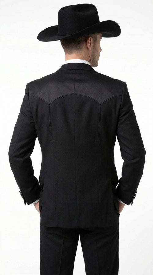 Mens Traditional Black Western Tuxedo Suit – 2 Piece Cowboy Formal Suit with Western Yoke Sport Coat & Matching Black Pants