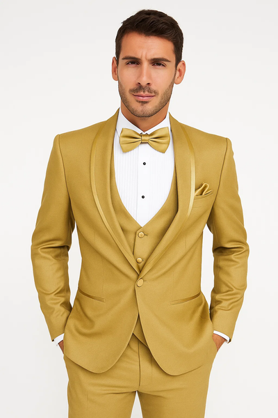 Mens Formal Champagne Tuxedo Satin Shawl Collar Vested Suit for Prom and Weddings in Gold Color