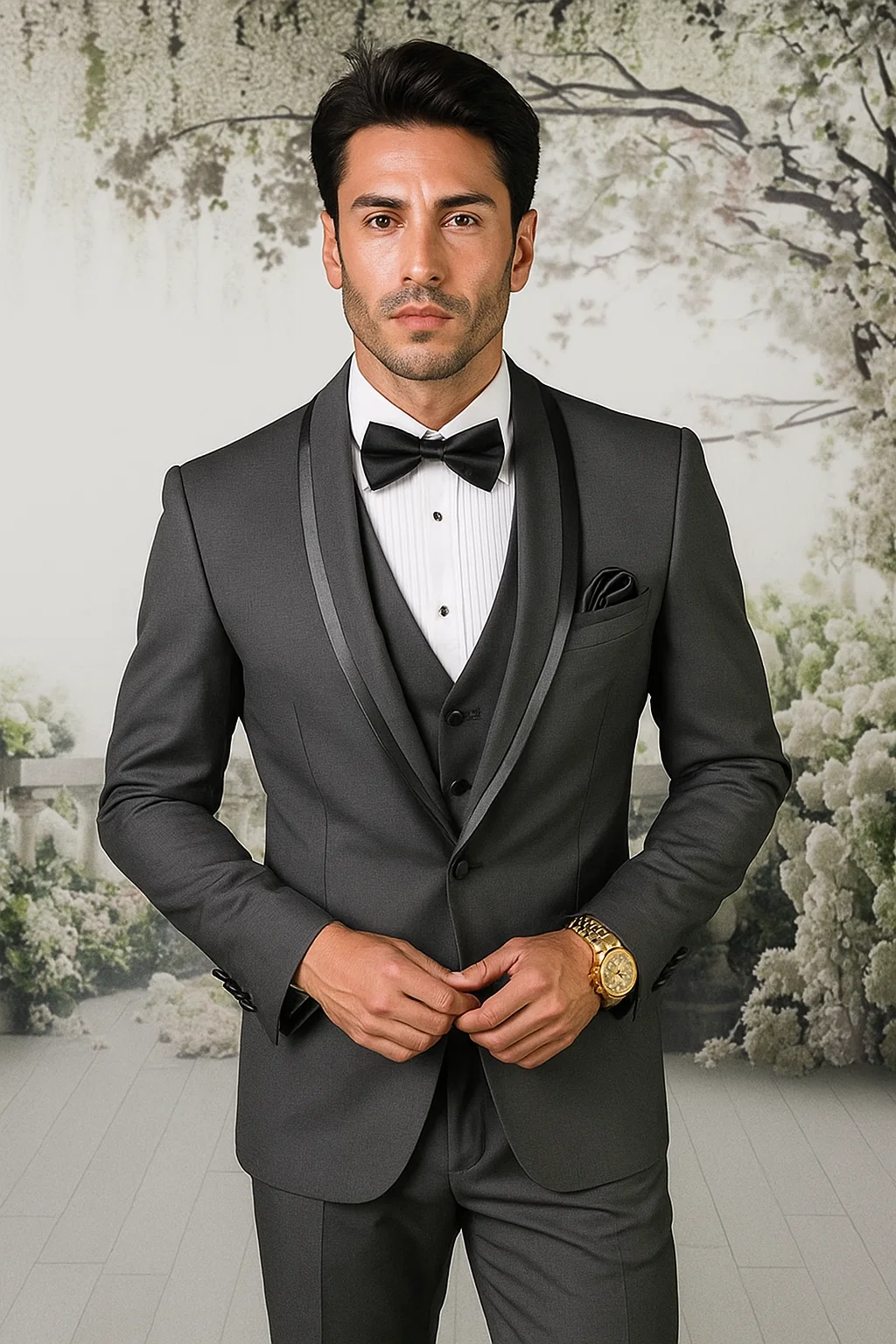 Classic Men’s Vested Tuxedo in Charcoal – Satin Shawl Collar for Formal Events - 36 Short