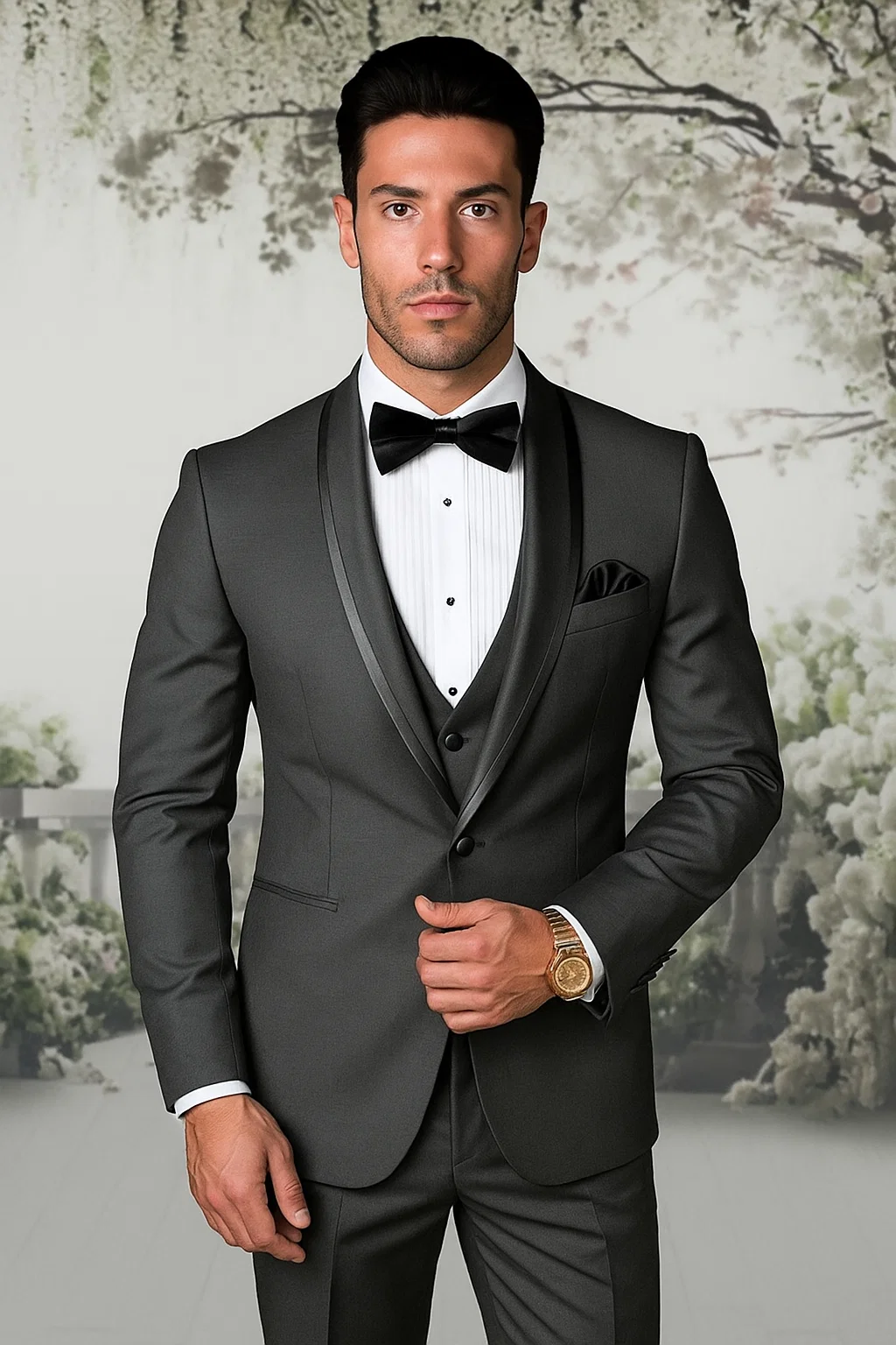 Classic Men’s Vested Tuxedo in Charcoal – Satin Shawl Collar for Formal Events - 36 Short