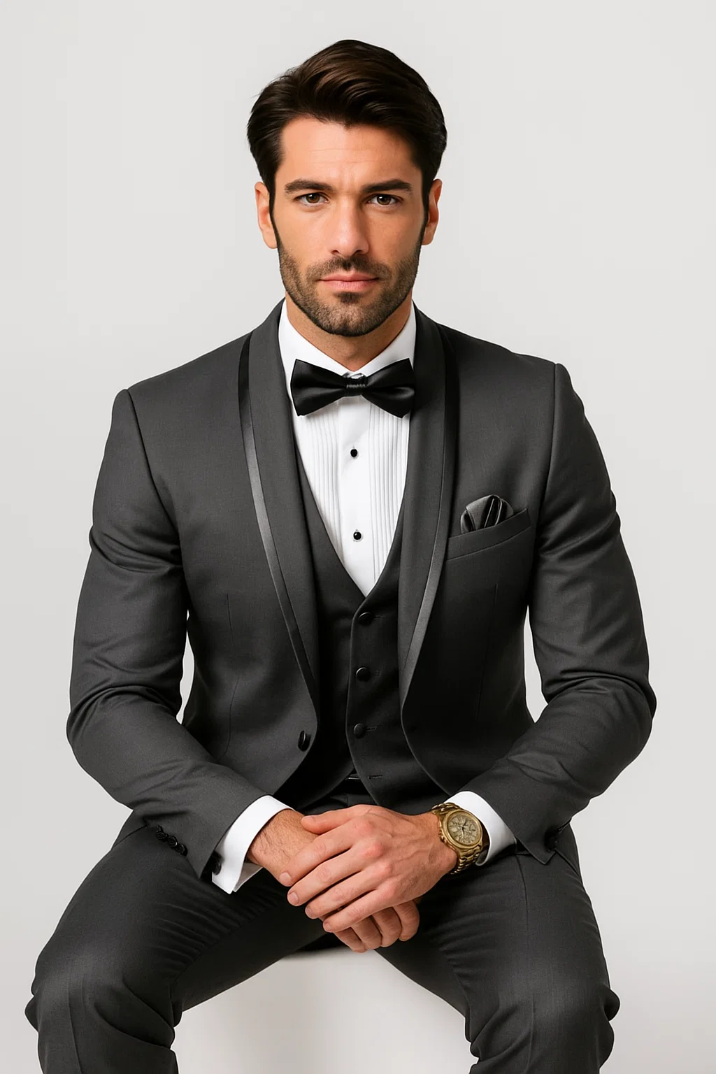Classic Men’s Vested Tuxedo in Charcoal – Satin Shawl Collar for Formal Events - 36 Short