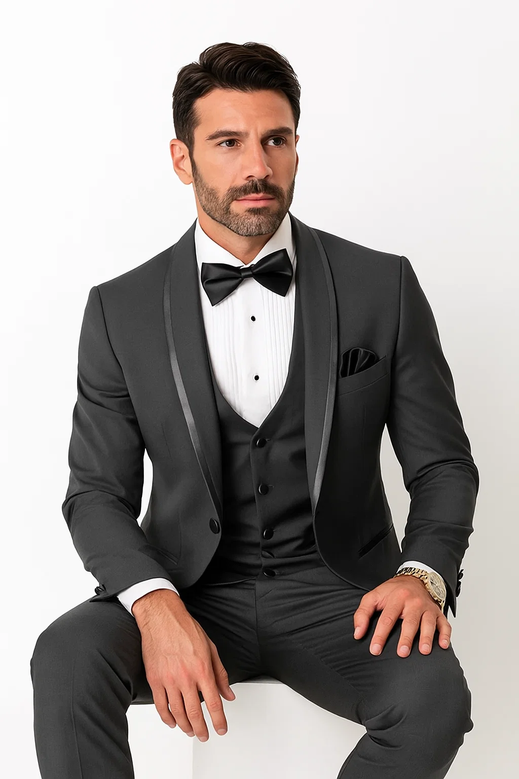 Classic Men’s Vested Tuxedo in Charcoal – Satin Shawl Collar for Formal Events - 36 Short