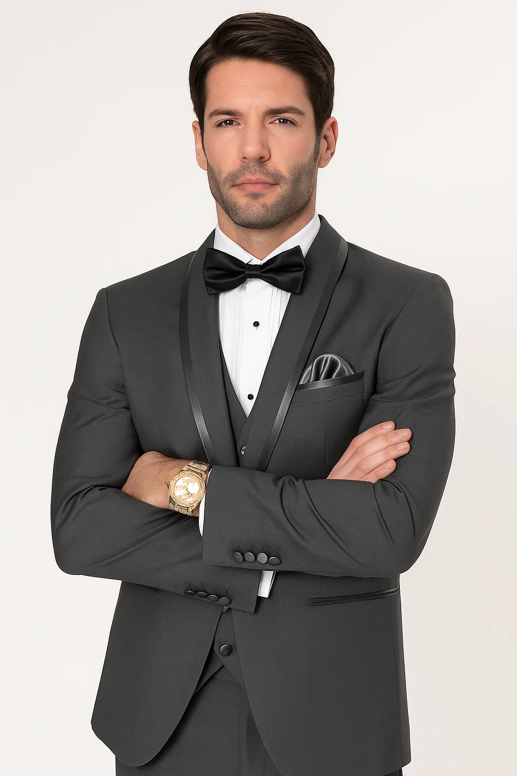 Classic Men’s Vested Tuxedo in Charcoal – Satin Shawl Collar for Formal Events - 36 Short