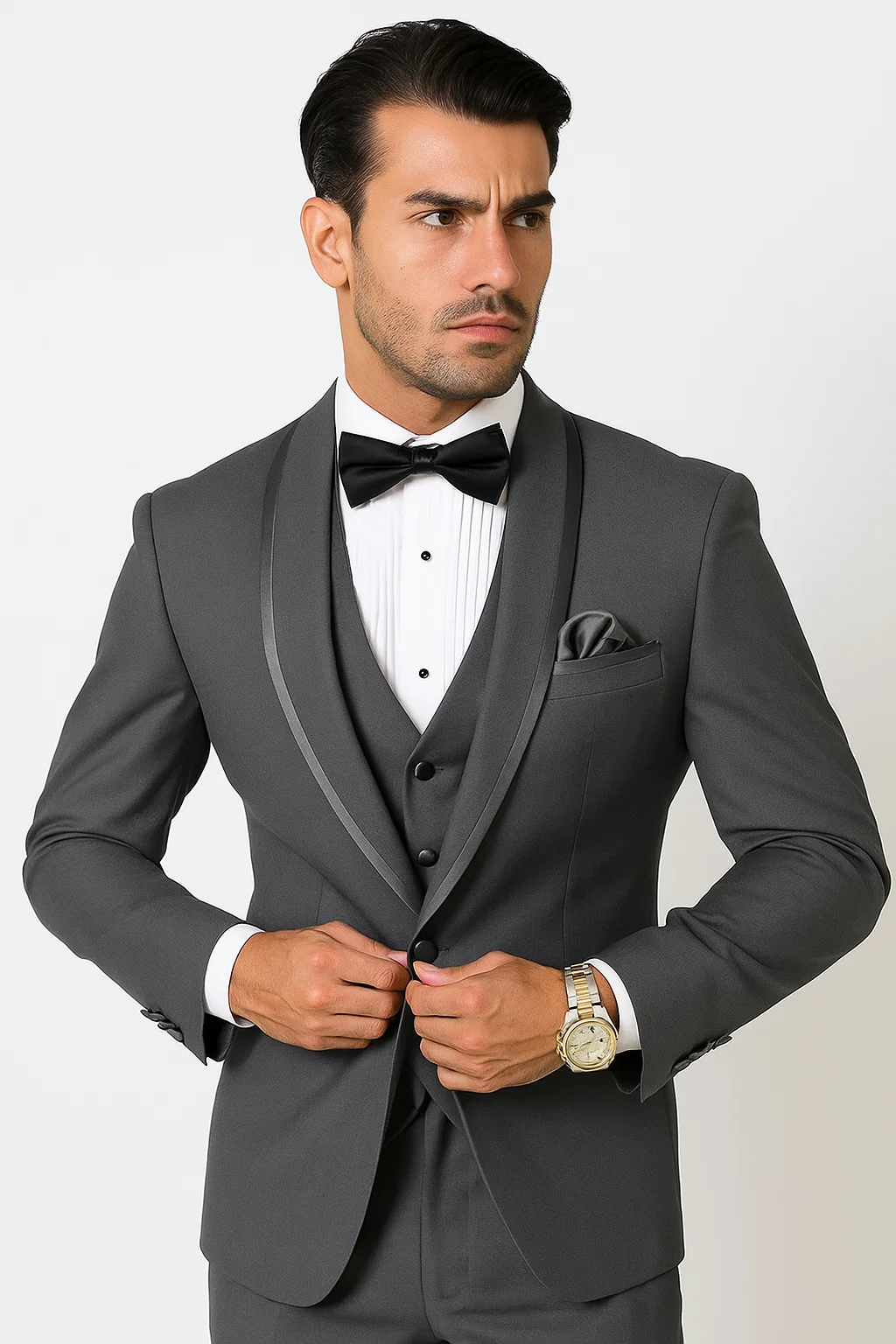 Classic Men’s Vested Tuxedo in Charcoal – Satin Shawl Collar for Formal Events - 36 Short