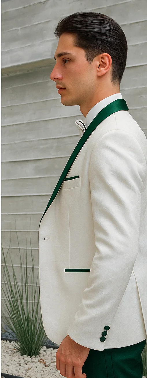 Men’s Contrast Lapel Tuxedo in White Paisley & Hunter Green – Wedding & Prom Ready - 36 Short