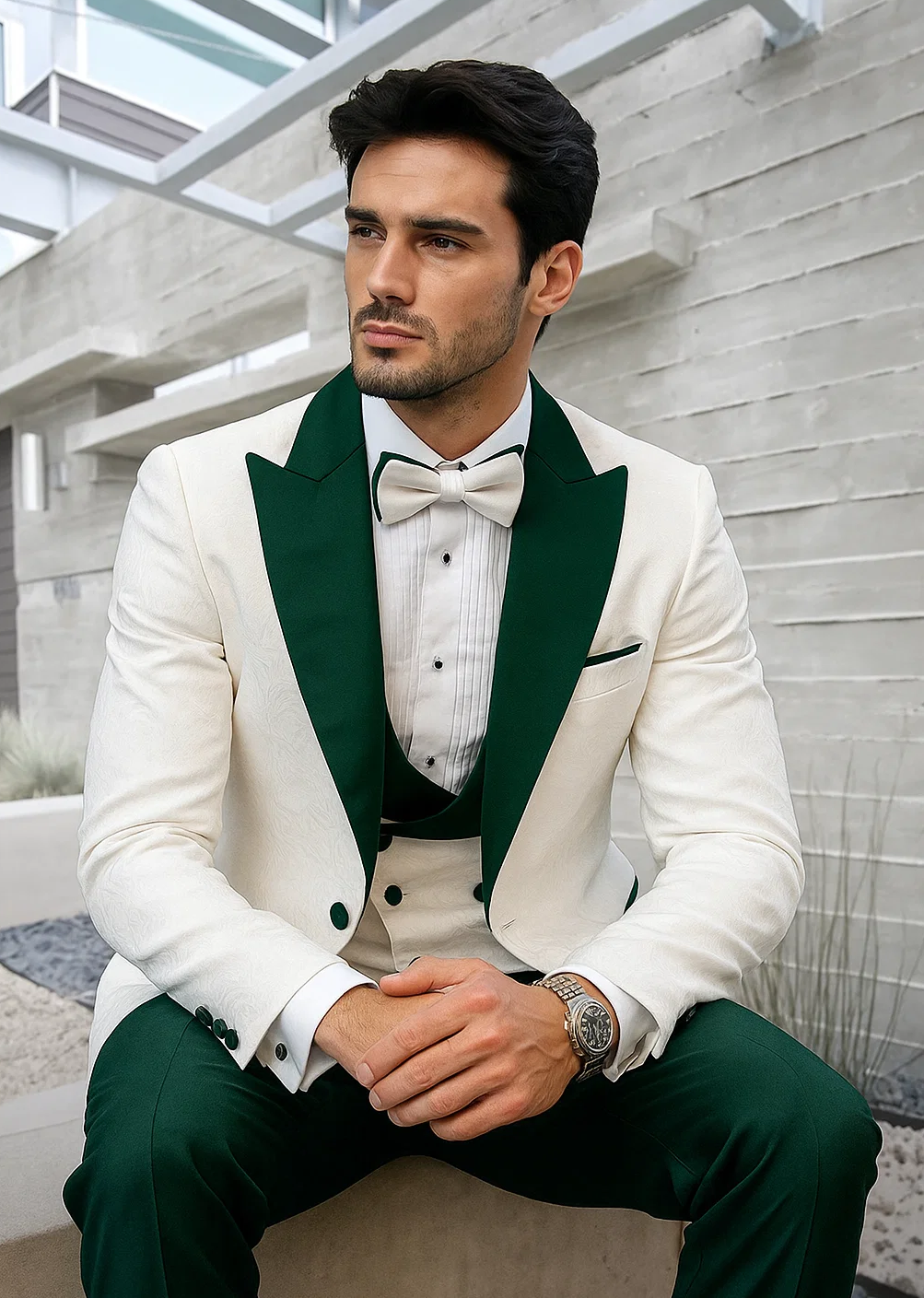 Men’s Contrast Lapel Tuxedo in White Paisley & Hunter Green – Wedding & Prom Ready - 36 Short