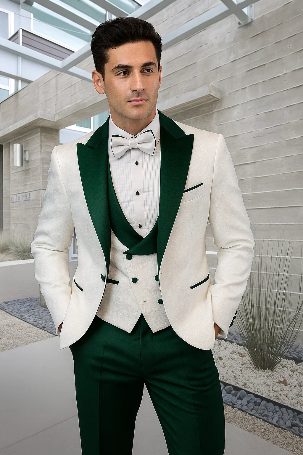 Men’s Contrast Lapel Tuxedo in White Paisley & Hunter Green – Wedding & Prom Ready - 36 Short