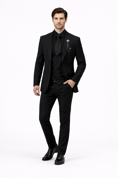 Mens Two Button Peak Lapel Suit Black