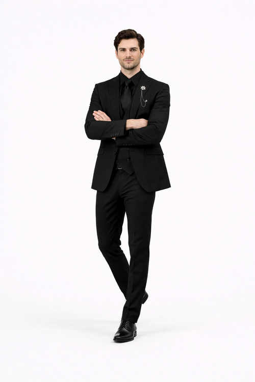 Mens Two Button Peak Lapel Suit Black