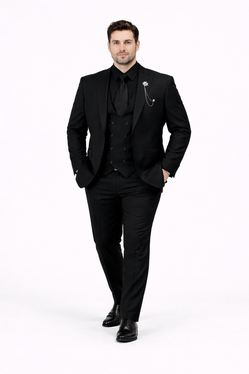 Mens Two Button Peak Lapel Suit Black