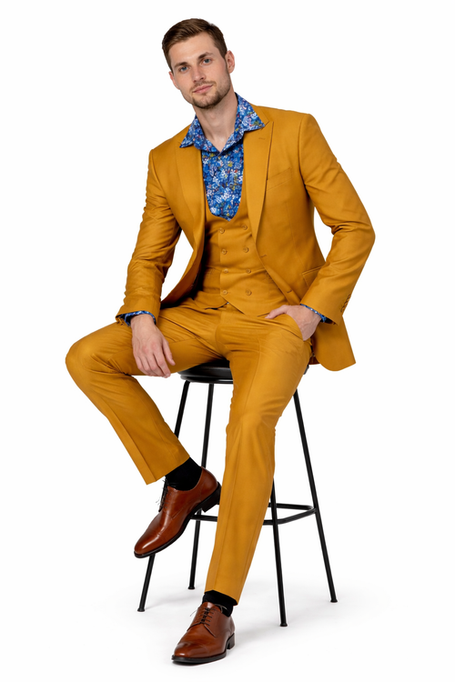 Mens Two Button Peak Lapel Suit Gold
