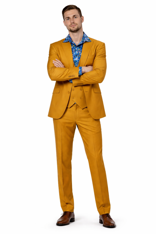 Mens Two Button Peak Lapel Suit Gold