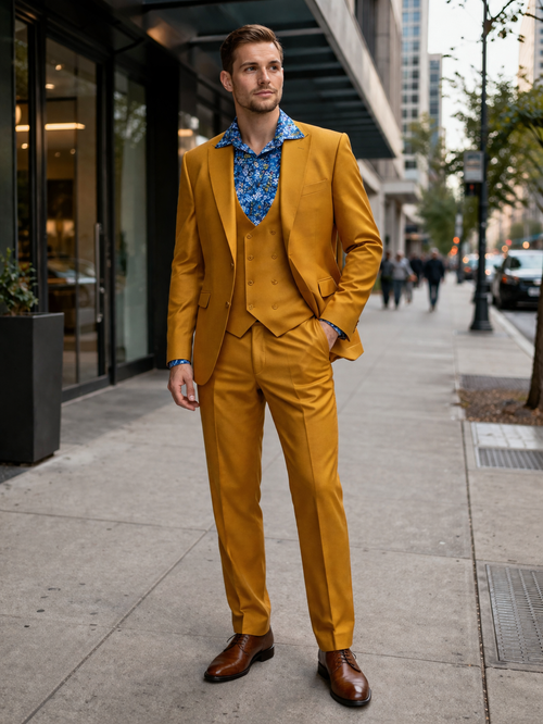 Mens Two Button Peak Lapel Suit Gold