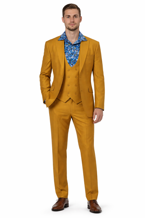 Mens Two Button Peak Lapel Suit Gold