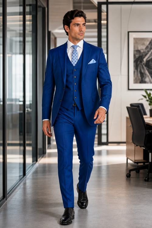 "Blue Sharkskin Business Suit for Men - Two Button Vested Style"