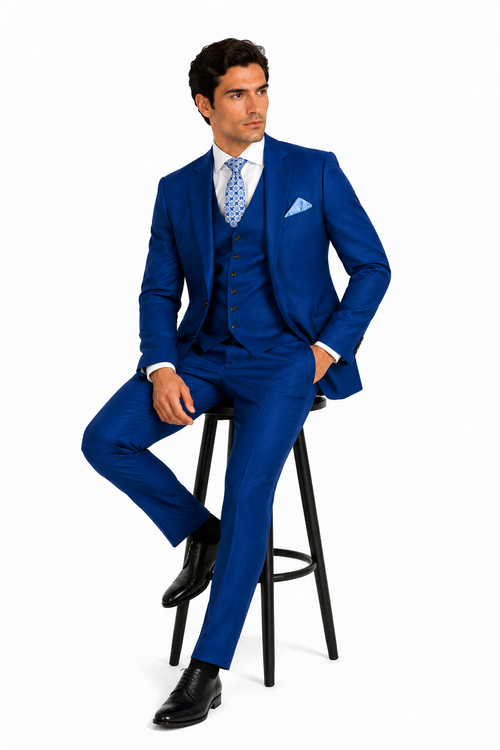 "Blue Sharkskin Business Suit for Men - Two Button Vested Style"