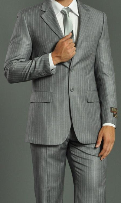 Light Grey Pinstripe Suit - Side Vented Flat Front Pants Two Buttons Modern Fit