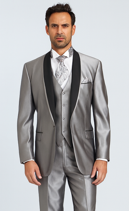 Men's Two Toned Tuxedo Trimmed Jacket And Suit Silver Grey
