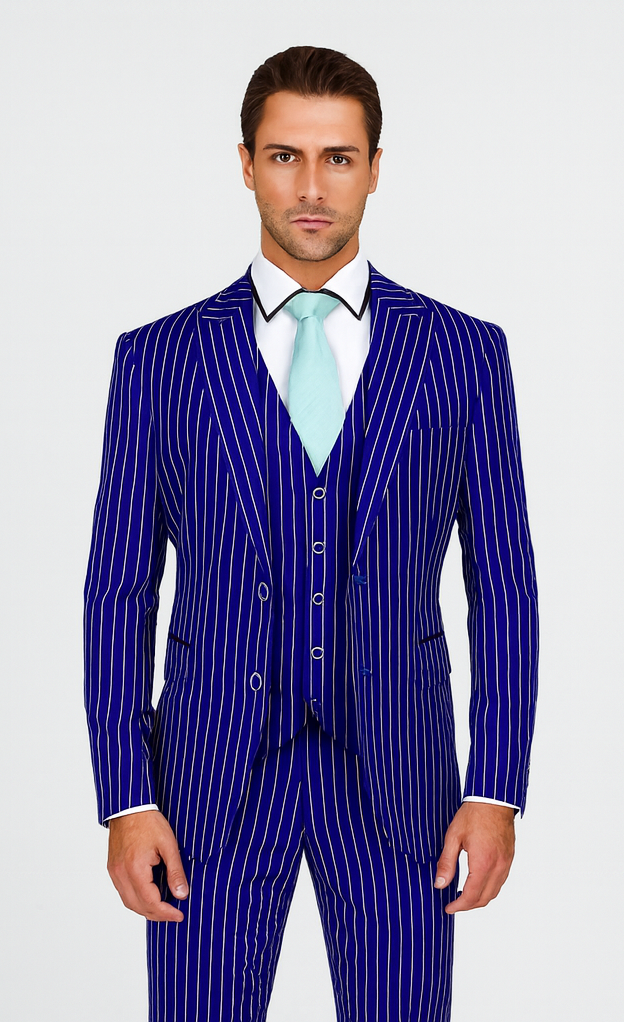 Mens Vested Gangster Pinstripe 1920's Suit in Blue - 36 Short