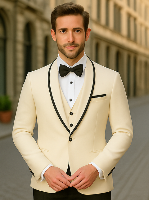 "Mens Vested Wool Tuxedo Suit in Shawl Lapel with Satin Trim in Ivory & Black" off white