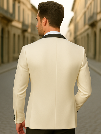 "Mens Vested Wool Tuxedo Suit in Shawl Lapel with Satin Trim in Ivory & Black" off white