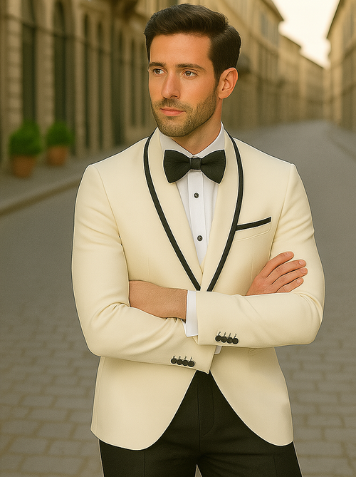 "Mens Vested Wool Tuxedo Suit in Shawl Lapel with Satin Trim in Ivory & Black" off white