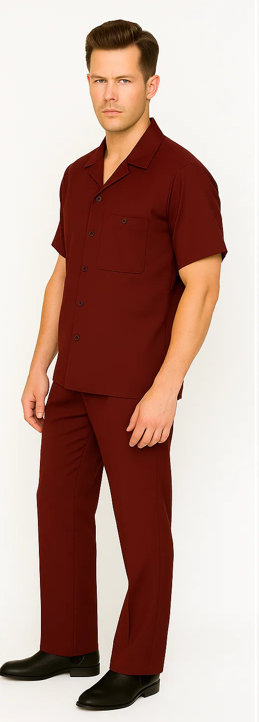 Mens Walking Suit in Color Burgundy leisure suit casual Matching Shirt and Pants $99 - S/30