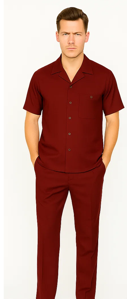 Mens Walking Suit in Color Burgundy leisure suit casual Matching Shirt and Pants $99 - S/30