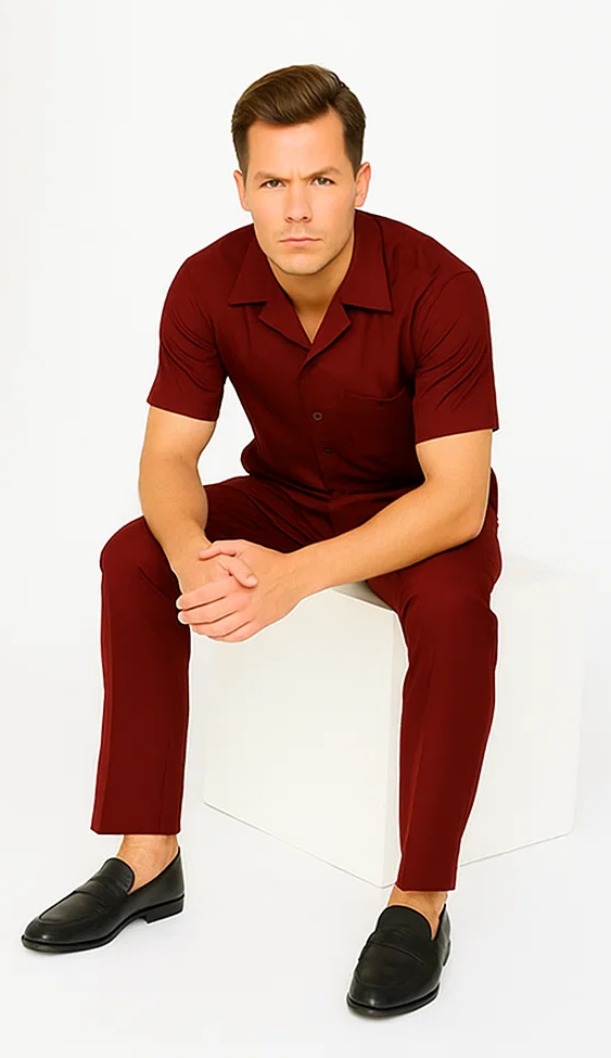 Mens Walking Suit in Color Burgundy leisure suit casual Matching Shirt and Pants $99 - S/30