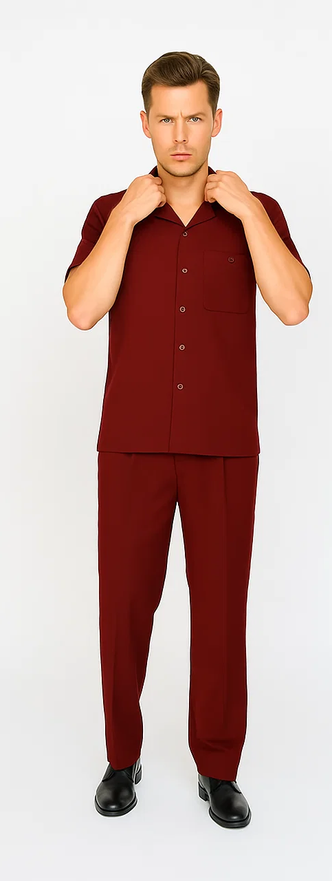 Mens Walking Suit in Color Burgundy leisure suit casual Matching Shirt and Pants $99 - S/30