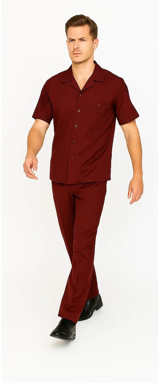Mens Walking Suit in Color Burgundy leisure suit casual Matching Shirt and Pants $99 - S/30