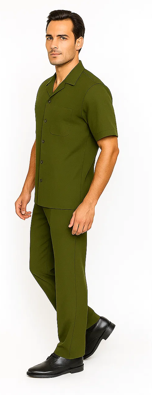 Mens Walking Suit in Color olive leisure suit casual Matching Shirt and Pants $99 - S/30