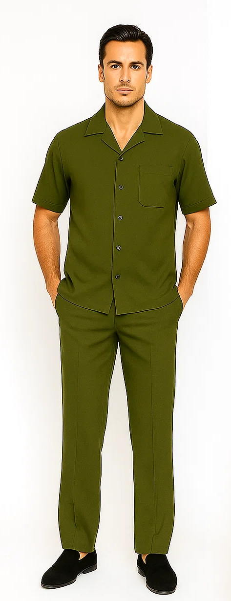 Mens Walking Suit in Color olive leisure suit casual Matching Shirt and Pants $99 - S/30