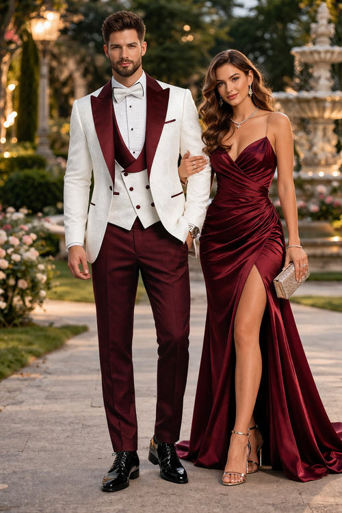 Men's Designer Vested Contrast Peak Lapel Wool Wedding & Prom Tuxedo in White Paisley & Burgundy