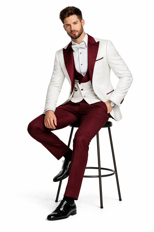 Men's Designer Vested Contrast Peak Lapel Wool Wedding & Prom Tuxedo in White Paisley & Burgundy