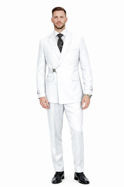 Mens White Double Breasted Wool Suit with Designer Tailored Formal Set Metal Buckle Closure