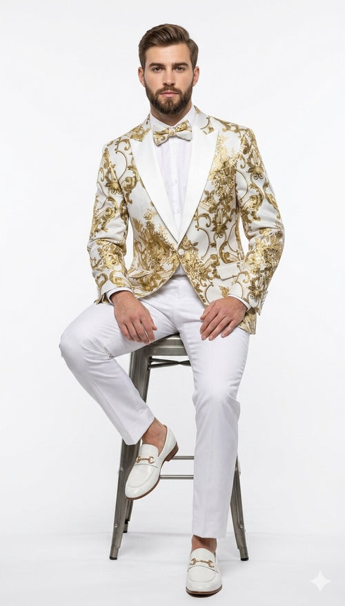 Mens White and Gold Floral Tuxedo Jacket with Satin Lapel Luxury Prom, Wedding, and Formal Dinner Blazer