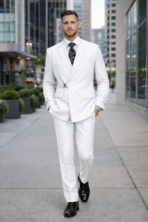 Mens White Double Breasted Wool Suit with Designer Tailored Formal Set Metal Buckle Closure