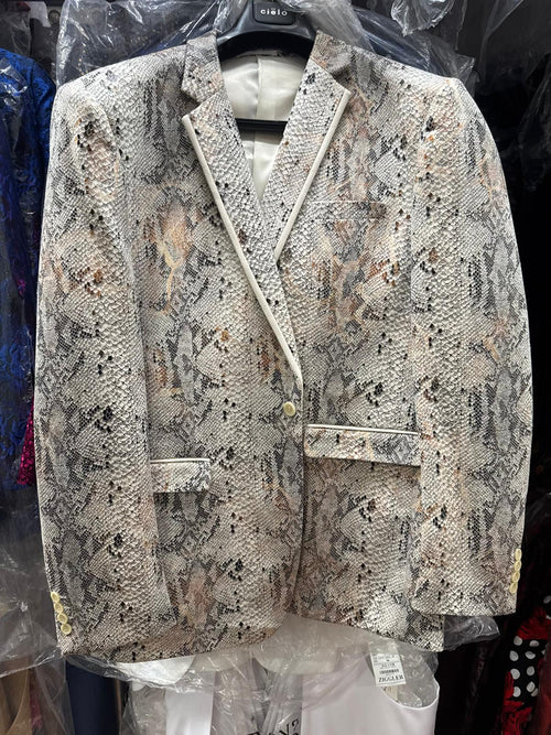 Mens White Snake Print Blazer, Exotic Slim Fit Party and Fashion Jacket - Alligator crocodile print