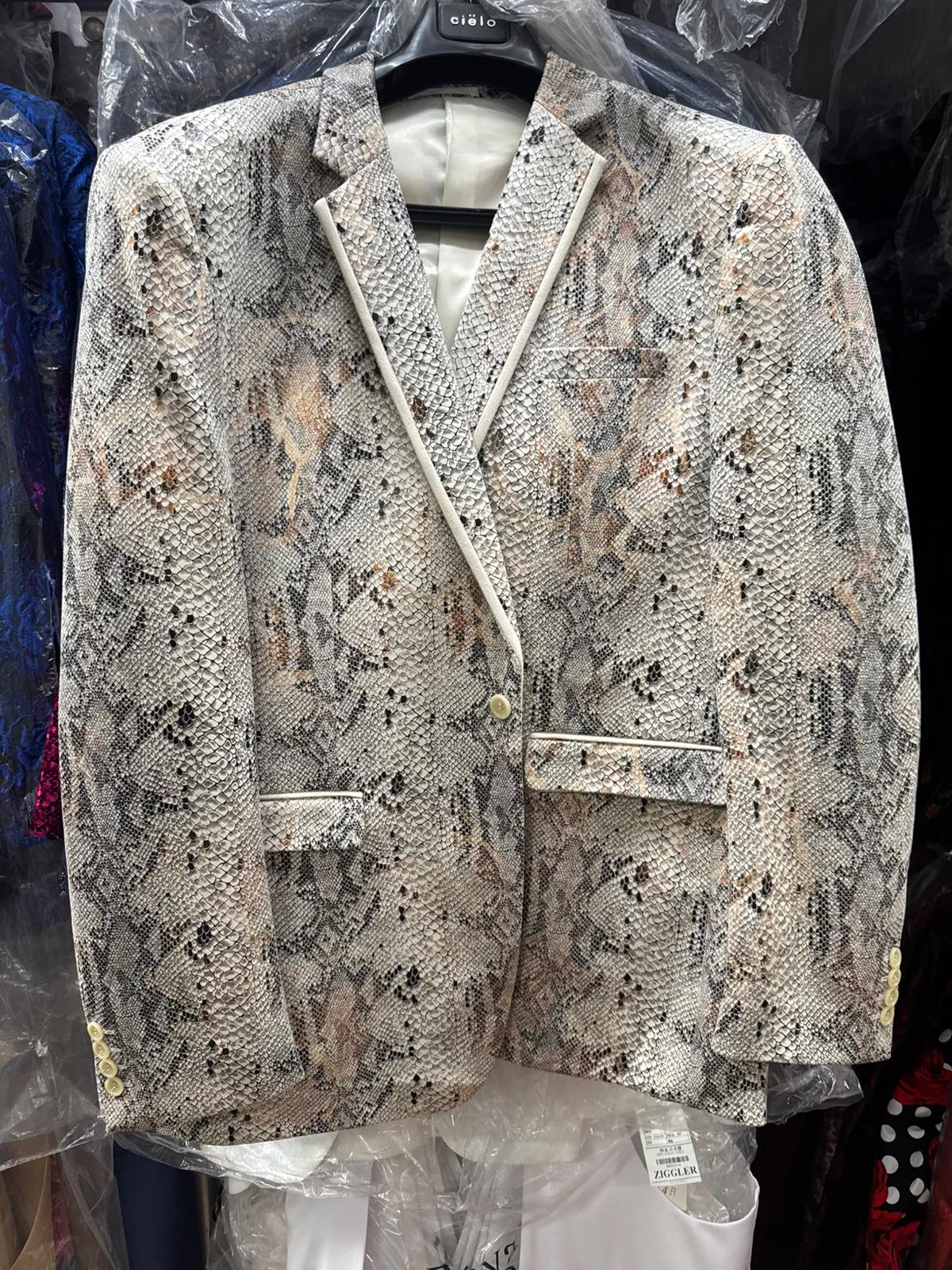Men’s White Snake Print Blazer – Exotic Slim Fit Party and Fashion Jacket - Alligator crocodile print - 36 Short