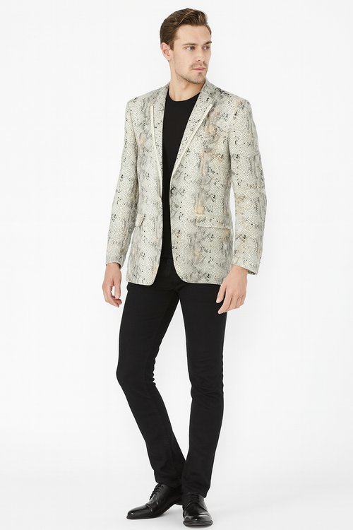 Mens White Snake Print Blazer, Exotic Slim Fit Party and Fashion Jacket - Alligator crocodile print