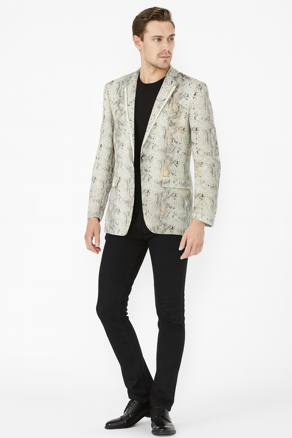 Men’s White Snake Print Blazer – Exotic Slim Fit Party and Fashion Jacket - Alligator crocodile print - 36 Short
