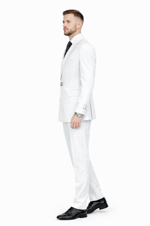 Mens White Double Breasted Wool Suit with Designer Tailored Formal Set Metal Buckle Closure