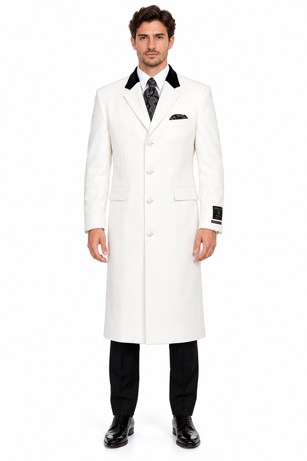 Mens Wool Coat Cashmere Full Length Top White Overcoat