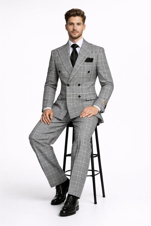 Suits With Baggy Pleated Pants - Wide Leg Pants 100% Wool - Classic Fit in Black and White Plaid Color by Rossiman