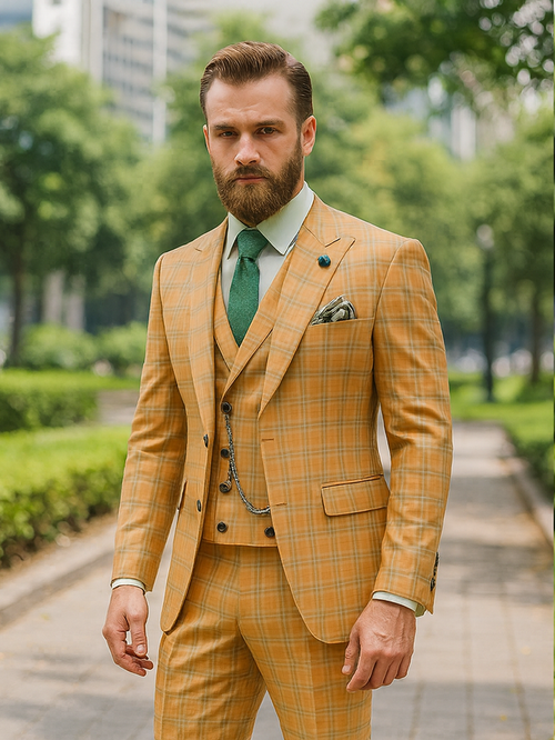 Elegant Yellow Check Suit for Men Three-Piece Groom Outfit